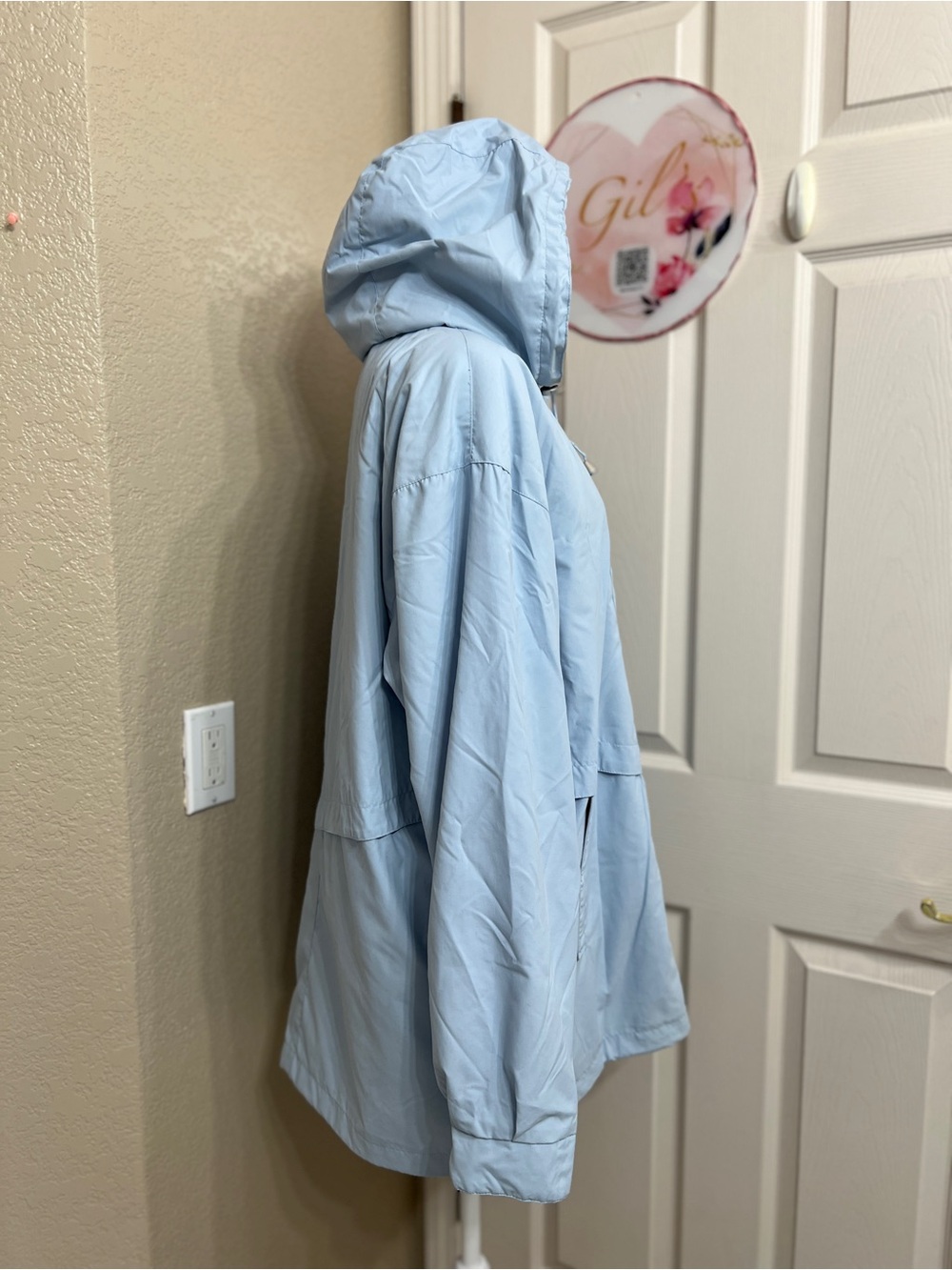 Women's Light Blue Hooded Trench Coat with Drawstring - Picture 2 of 8